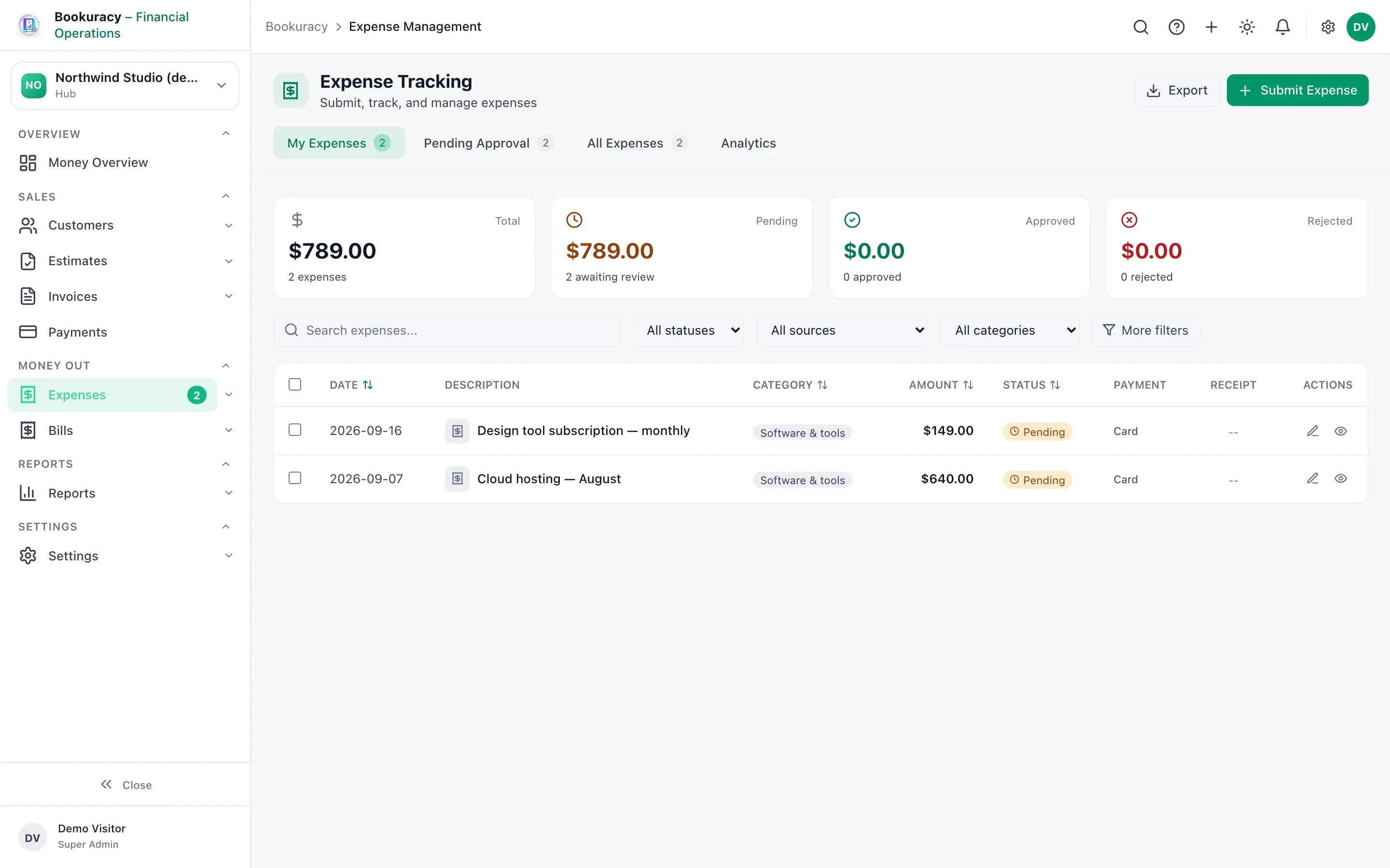 Helmby Finance Expenses screen with totals by status and two expenses pending approval
